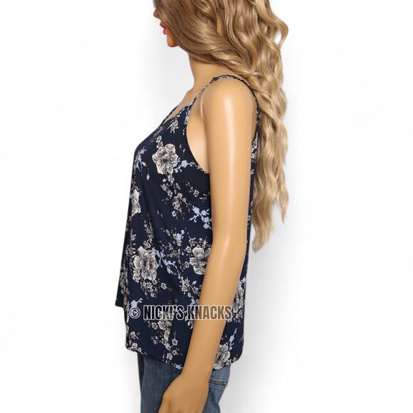 Primark Floral Chiffon Spaghetti Strap V-Neck Tank Top Navy Blue Size 4 - Picture 3 of 8
